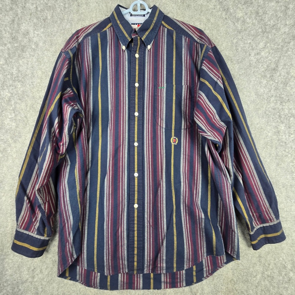 Vintage 90s Tommy Hilfiger Crest Shirt Mens Medium M Multi Stripe Button Down